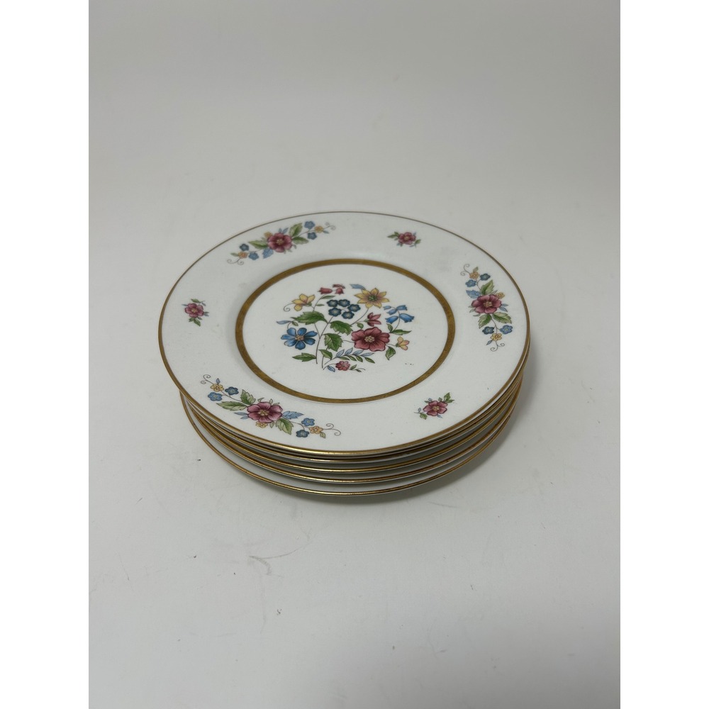 Warwick China Floral Bread Butter Plates Set 6 Gold‎ Trim Vintage Made in USA